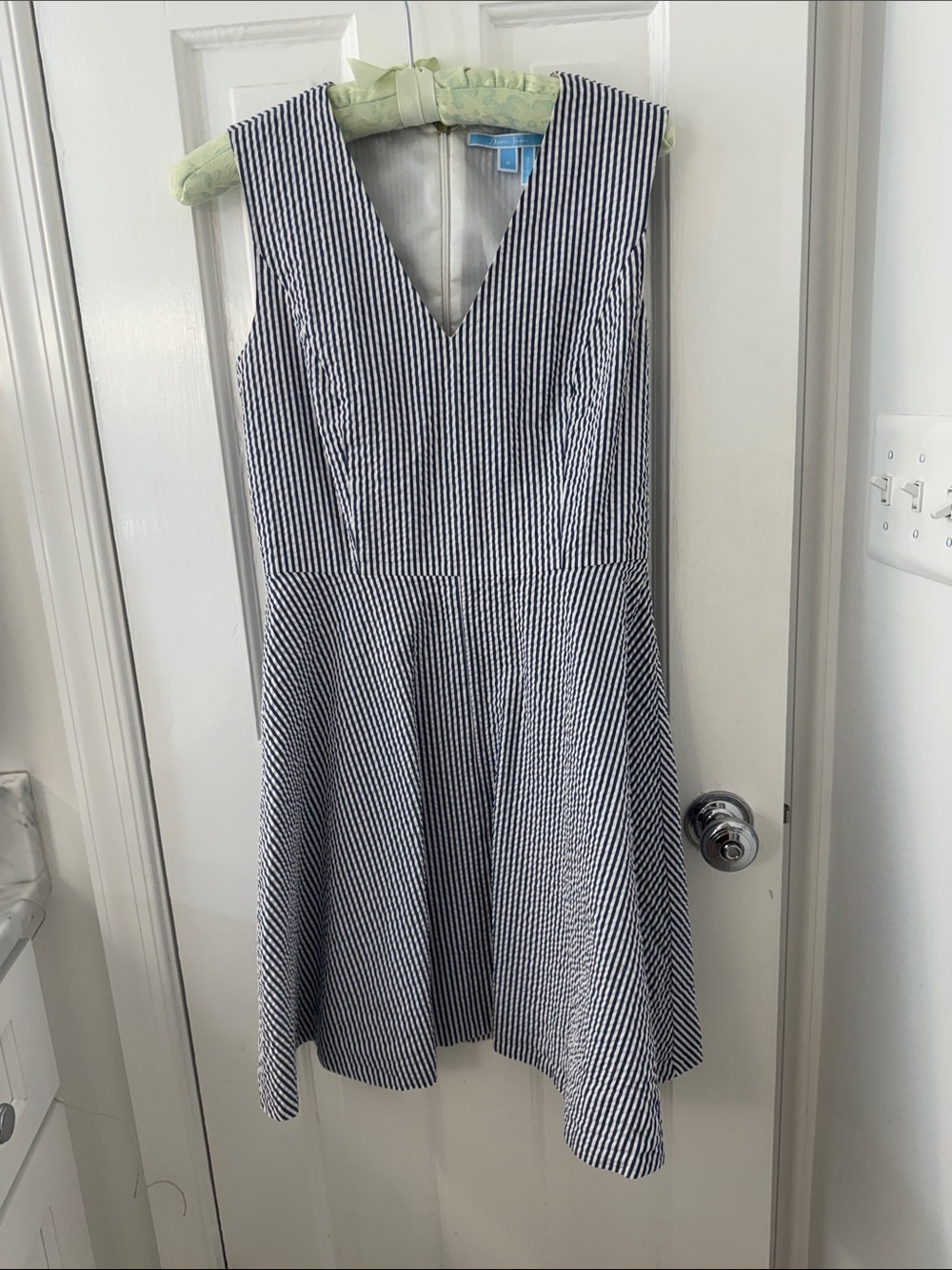 Draper James Striped V-Neck Fit & Flare Dress - Navy and White